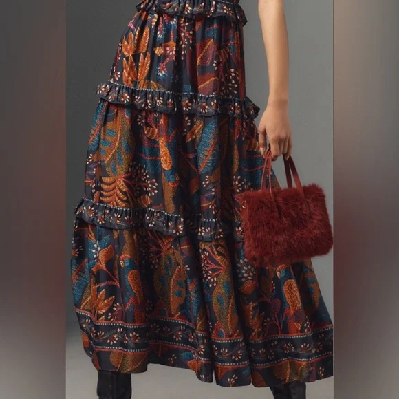 Farm Rio Short-Sleeve Crew-Neck Tiered A-Line Maxi Dress floral leaf pattern S - Picture 4 of 16